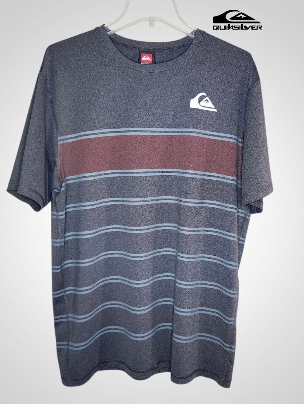 QUIKSILVER Charcoal Gray Tee with Maroon Stripe - Medium (No Tag)